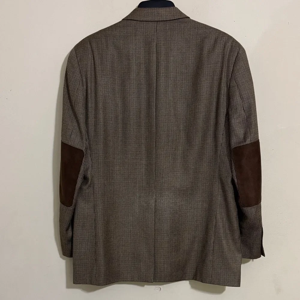 Ralph Lauren Silk Blend Brown Houndstooth Men's Blazer Elbow Patches size 42R